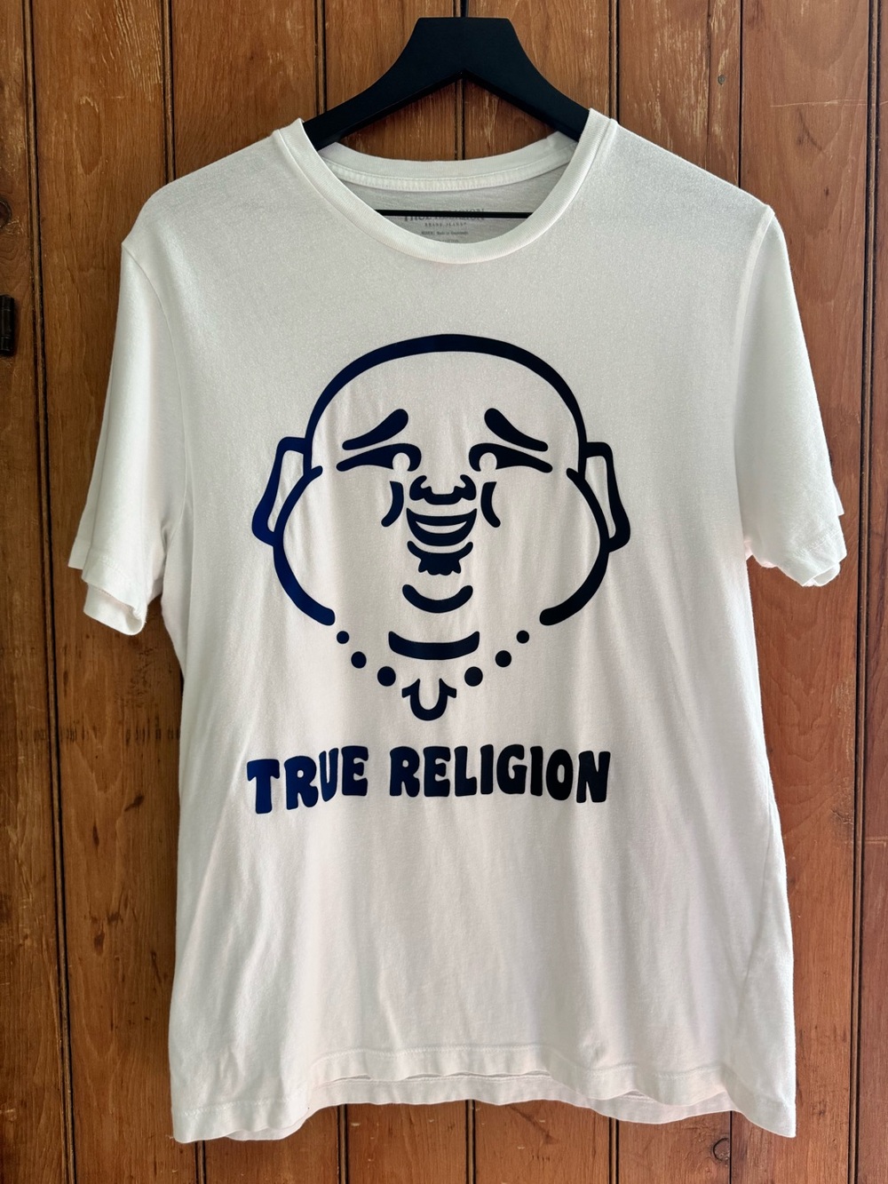 True Religion Men's White Tee Shirt with Blue Buddha Face 💯 Cotton Size Medium